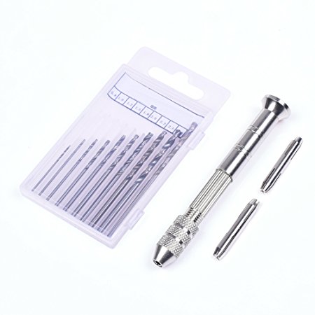 BCP 10PCS Different Size Mini Micro Twist Drill Bits and 1 Pin Vise with 2pcs Double Ended Chucks