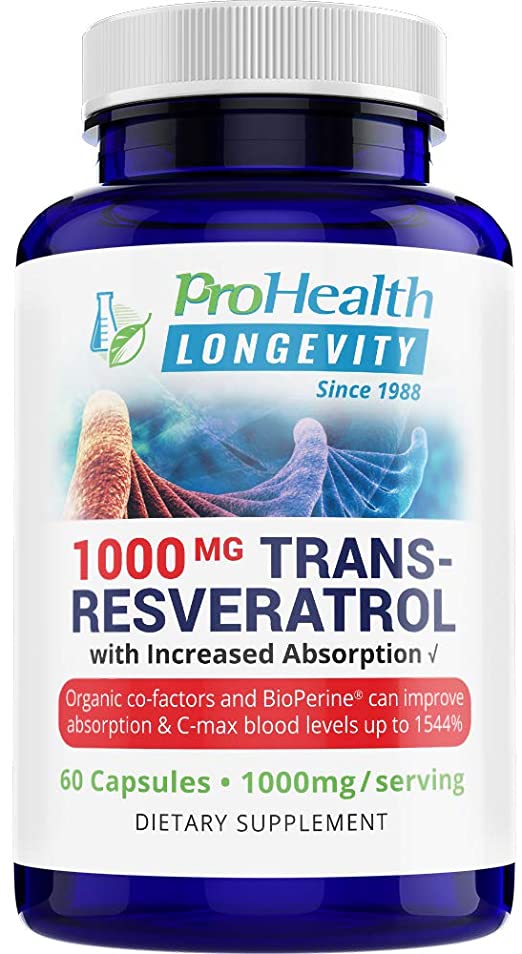 ProHealth Longevity 1000 mg Trans Resveratrol Plus 420 mg Organic Polyphenol Complex That Improves Absorption up to 1544% – Supports Anti Aging, Brain, Heart and Immune Function