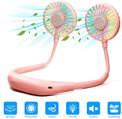 Portable Handing Neck Fan, Personal Wearable Mini Air Conditioner with Aromatherapy, USB Rechargeable Color LED Fan Hands Free Headphone Design 360° Rotation 3 Speeds Low Noise (Pink)