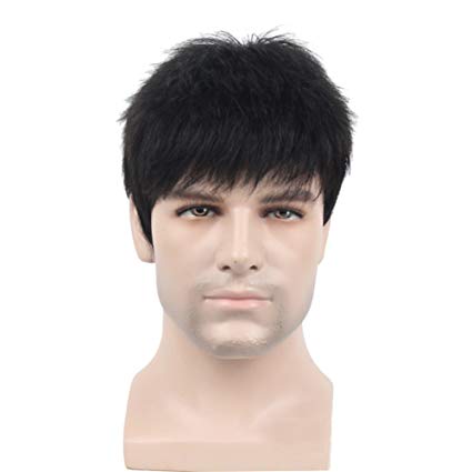 Remeehi Manly Short Fluffy Straight Full Bang None Lace Machine Made Real Human Hair Wig For Men Nature Black