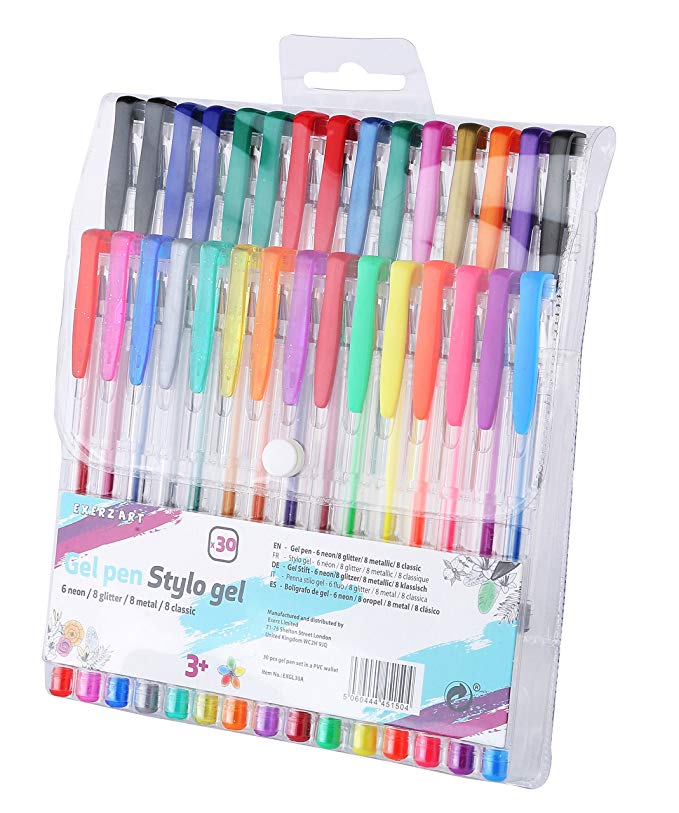 EXERZ ART EXGL30A 30 PCS colour gel pen set in a plastic wallet, fine ink ballpoint pens, superior quality, vibrant colour, free flowing, includes glitter pens, neon, metallic and classic shades