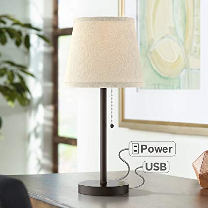 Flesner Modern Desk Table Lamp with Hotel Style USB and AC Power Outlet in Base Bronze Metal Oatmeal Drum Shade for Bedroom Office - 360 Lighting