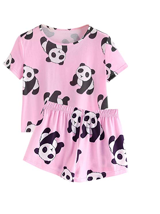 DIDK Women's Cute Cartoon Print Tee and Shorts Pajama Set