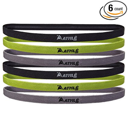 Athlé Skinny Sports Headbands 6 Pack - Men’s and Women’s Elastic Hair Bands With Non Slip Silicone Grip - Lightweight And Comfortable Sweatbands Keep You Cool and Dry