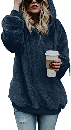 Dokotoo Womens Fuzzy Casual Loose Sweatshirt Hooded with Pockets Outwear S-XXL