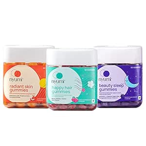 Nyumi Gummies For Hydrated & Glowing Skin with Vitamin C, To increase Hair Strength & Reduce Breakage with Biotin, Support Sound Sleep & Skin Health with Melatonin, Combo Pack of 150 Gummies