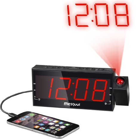 Mesqool Digital Dual Alarm FM Dimmable Projection Clock Radio 1.8 Inch LED Display with USB Charging,Snooze,Sleep Timer,Battery Backup Functions
