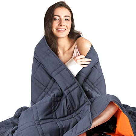 LANGRIA Reversible Weighted Blanket (15 lbs, 72''x80'') - Heavy Blanket for Calm Sleeping for Adults - Breathable Cotton Fabric with Small Pockets for Odorless Glass Beads (Blue & Orange)