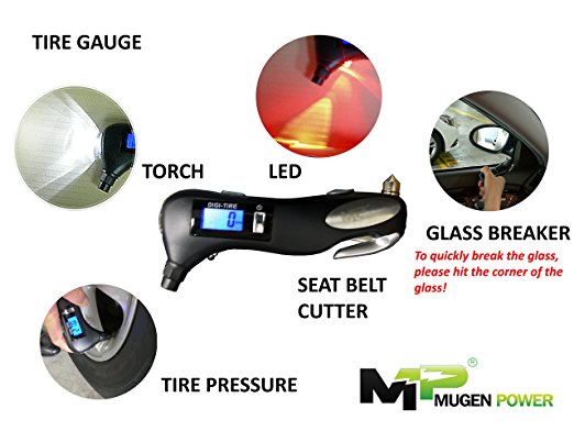 Mugen Power 5 In 1 Digital Tire Pressure Gauge - Safety Hammer, Seatbelt Cutter, Flashlight, Red Safety Light and Tire Pressure Gauge(150 PSI)Rescue Emergency Tool