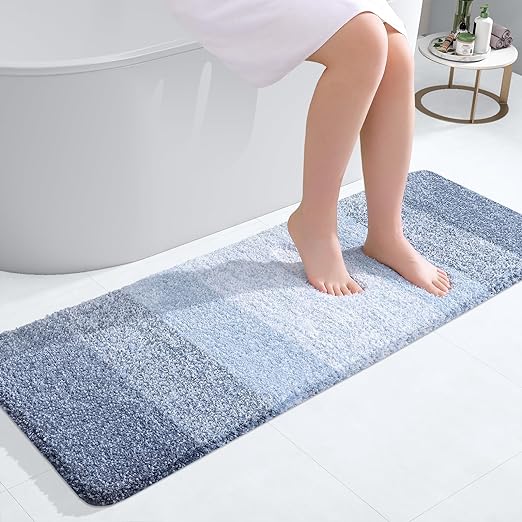 OLANLY Luxury Bathroom Rug Mat 47x17, Extra Soft and Absorbent Microfiber Bath Rugs, Non-Slip Plush Shaggy Bath Carpet Runner, Machine Wash Dry, Bath Mats for Bathroom Floor, Tub and Shower, Blue