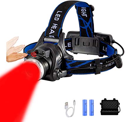 Red Light Headlamp 18650 USB Rechargeable Headlamp Zoomable Red LED headlight with 3 Red Beam Mode For Camping Hiking hunting Animal Protecting Beekeeping Detecting Astronomy Aviation Night Vision.