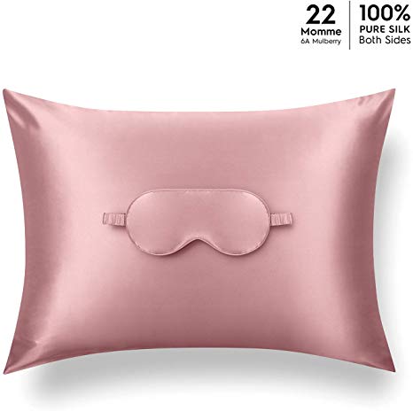 Tafts 22mm 100% Pure Mulberry Silk Pillowcase & Sleep Mask Combo for Hair and Skin, Hypoallergenic, Grade 6A Long Fiber Natural Silk Pillow Case, Concealed Zipper, Queen 20x30 inch, Misty Rose Pink