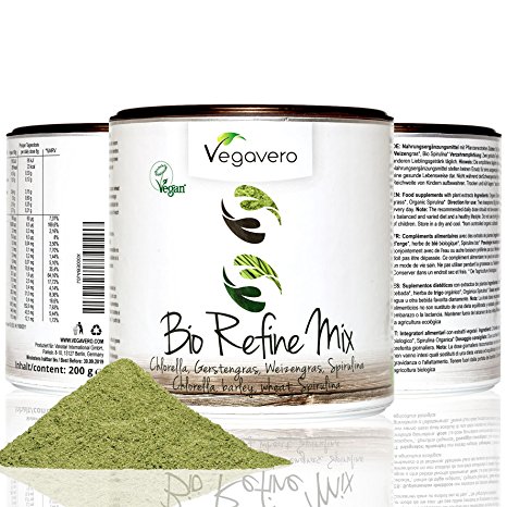 Organic Superfood Refine Mix | 200 gr. of Spirulina, Chlorella, Wheatgrass & Barely Grass Powder | Antioxidant | VEGAN by Vegavero