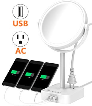 COZOO Lighted Makeup Mirror with LED Light and 3 Ports USB Charger / 2 Outlet Power Strip,5 Inch Round Diameter Daylight Natural White Light Mirror,AC Power (Mirror with USB and Outlets)