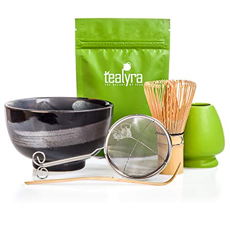 Tealyra - Matcha Tea Ceremony Start Up Kit - Complete Matcha Green Tea Set - Includes Premium Matcha Powder - Japanese Made Black Bowl - Bamboo Whisk and Scoop - Holder - Sifter