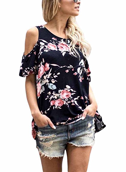 Annflat Women's Floral Print Cut Out Shoulder Short Sleeve T Shirt Blouse(7 Color,S-XXL)