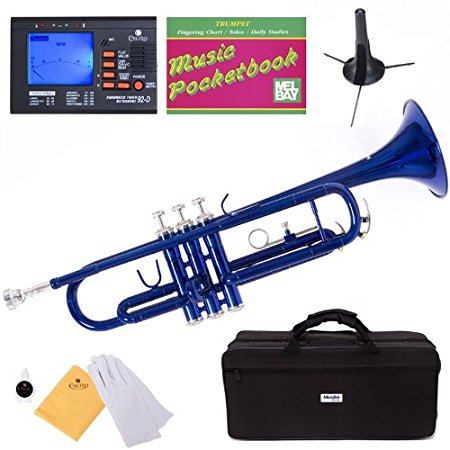 Mendini MTT-BL Blue Lacquer Brass Bb Trumpet   Tuner, Case, Stand, Mouthpiece, Pocketbook & More