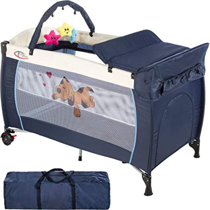 TecTake New portable child baby travel cot bed playpen with entryway -different colours- (Navy Blue)