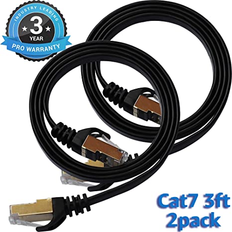 CAT 7 Ethernet Cable 3 Ft 2 Pack Black Flat Gigabit High Speed Gigabit Shielded RJ45 LAN Cable