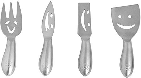 NewlineNY Stainless Steel 4 Pieces Smiling Faces Cheese Knife Set: Hard and Soft Cheese Knives, Serving Fork & Cheese Spreader