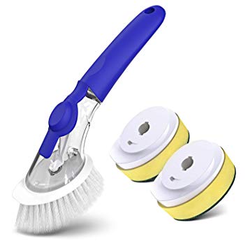 Soap Dispensing Dish Brush, Merssyria Kitchen Brush for Sink Dish Pot Pan Cleaning with 2 Sponge Replacement Refill