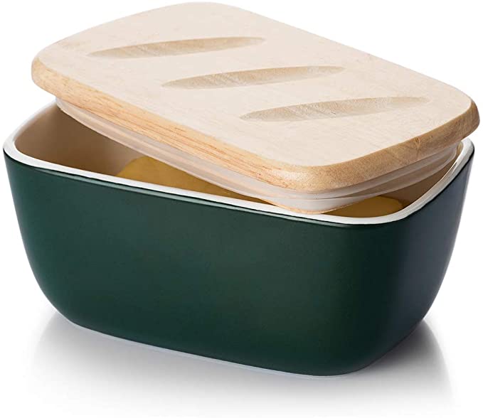 DOWAN Porcelain Butter Dish - Covered Butter Container with Wooden Lid for Countertop, Farmhouse Butter Dish with Covers Perfect for East West Coast Butter, Dark Green