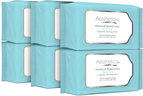 Aesthetica Makeup Removing Wipes - Facial Cleansing Wipes Dissolve All Makeup, Dirt and Oil - Hypoallergenic & Dermatologist Tested Makeup Remover - Oil & Fragrance Free, Made in USA - 180 Ct (6 Pack)