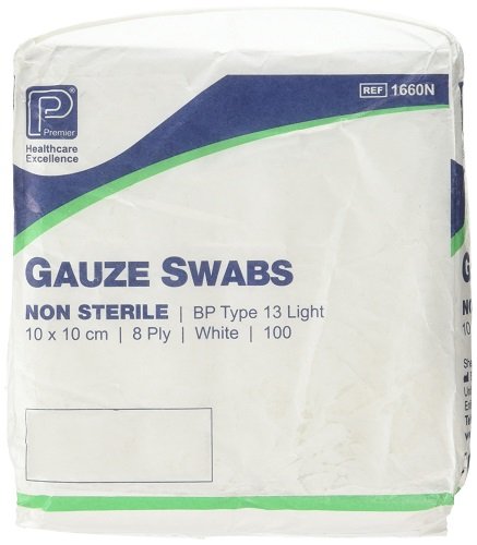 Premier 1660 Cotton Gauze Swabs 8 Ply 10 cm x 10 cm White Paper Packs (Pack of 100)