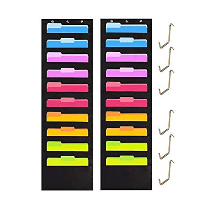 Pack of 2 Wall Storage Pocket Charts with 10 Pockets 6 Over Door Hangers File Organizer - Organize Your Assignments, Files, Scrapbook Papers & More (Black)