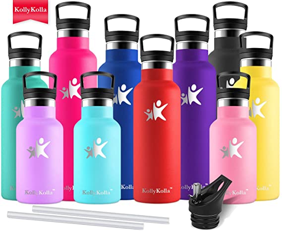 KollyKolla Insulated Water Bottle, Stainless Steel Vacuum Drinks Bottles - 350/500/600/750ml/1L - Leakproof Hot/Cold Metal Flask with 2 Straws & Lids, Bpa Free for Kids, Sports, Gym, Running