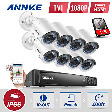 Annke 8 Channel 1080P HD-TVI Hybrid Megapixel Security DVR System with 1TB Hard Drive Pre-installed and 8x 1920TVL 2.0MP Weatherproof Security Cameras