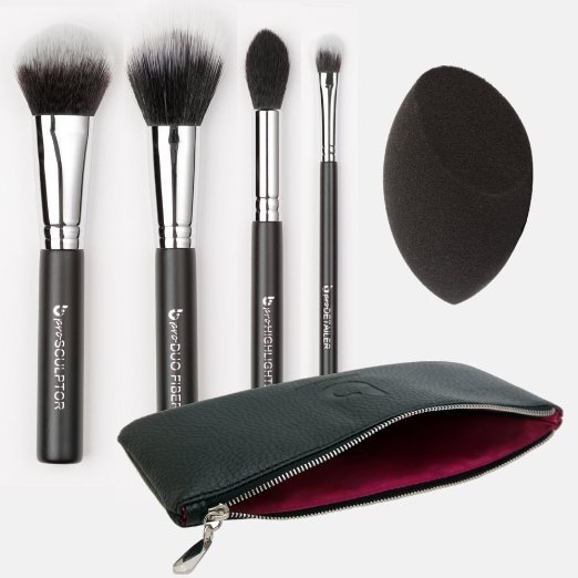 Premium Contouring & Highlighting Kit: [5 PC] Synthetic Makeup Brush Set with Blender Sponge   BONUS Makeup Case: Sculpting Tools for Full Face Contouring with Powder   Creams; Professional Quality