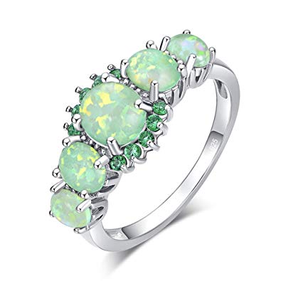 CiNily Silver Plated Green Opal Emerald Gemstone Ring Size 5-12