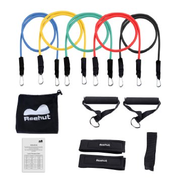 Reehut Resistance Bands - 12-Piece Set Includes 5 Exercise Bands, Door Anchor, 2 Foam Handles, 2 Ankle Straps, Exercise Chart and Fitness Band Carrying Case - Made of Natural Latex, Great for Travel