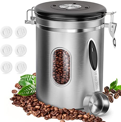 Coffee Food Canister with Scoop, HOKEKI Airtight Stainless Steel Food Jars Kitchen Container for Beans Grounds, Tea, Sugar Flour and Dry Goods Storage with Clear Window, 22oz (Silver)