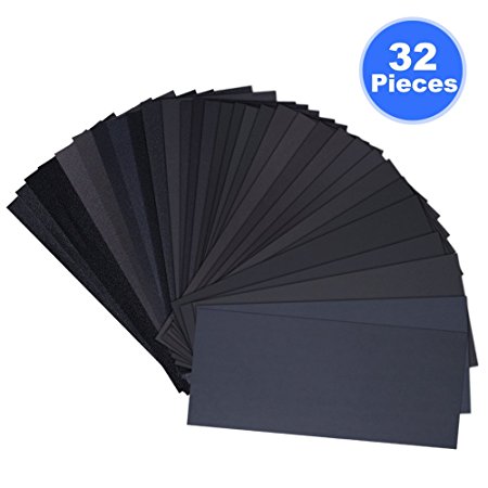 Wet Dry Sandpaper Assorted, 32 Pcs Abrasive Paper Sheets Assortment Grit of 120/ 150/ 180/ 240/ 320/ 400/ 600/ 800/ 1000/ 1200/ 1500/ 2000/ 2500/ 3000 for Metal Automotive Wood Furniture, 9 x 3.6 Inch