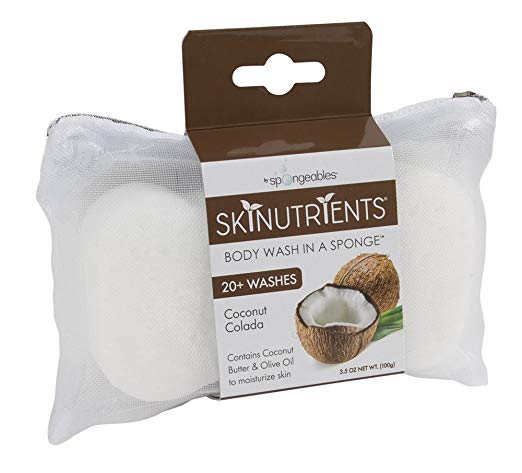 Spongeables Skinutrients Body Wash in a Sponge, Coconut Colada, With Bonus Travel Bag, 20  Washes, Pack of 3