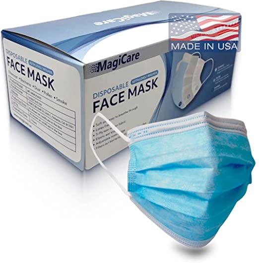 MagiCare Disposable Face Masks Made in USA - ASTM Level 1 Medical Masks - Premium 3 Ply Face Mask for Adults - Comfortable, Soft, Breathable Face Masks - Blue, 50ct Box