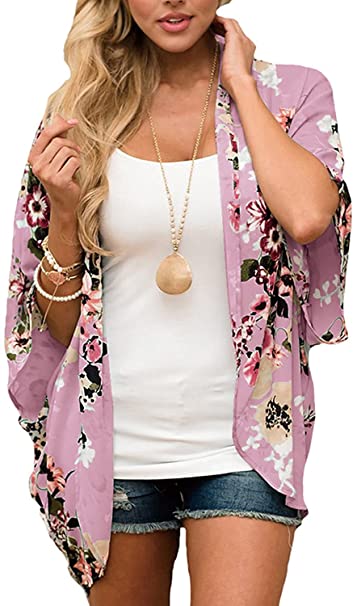 BB&KK Women's Floral Kimono Cardigans Chiffon Casual Loose Open Front Cover Ups Tops