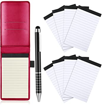 10 Pieces Mini Pocket Notepad Holder Set, Included Mini Pocket Notepad Holder with 50 Lined Sheets, Metal Pen and 8 Pieces 3 x 5 Inch Memo Book Refills, 30 Lined Paper Per Note Pad (Rose Red)