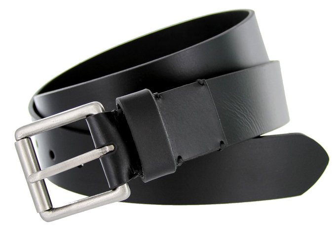Mens Genuine One Piece Leather Smooth Black Casual Belt with Roller Buckle 1.5"