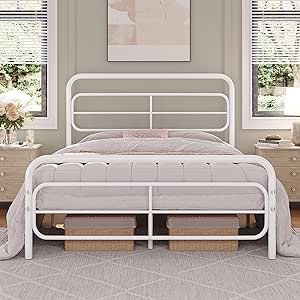 Yaheetech 4ft6 Double Bed Frames Modern Metal Platform Bed with Large Storage/Rectangle Pattern Headboard/Sturdy Slatted Bed Base/Easy Assembly, White Double Bed