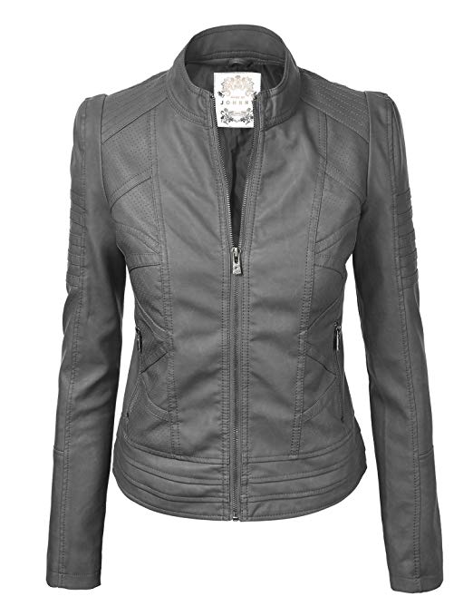 Made By Johnny MBJ Womens Faux Leather Zip Up Moto Biker Jacket with Stitching Detail