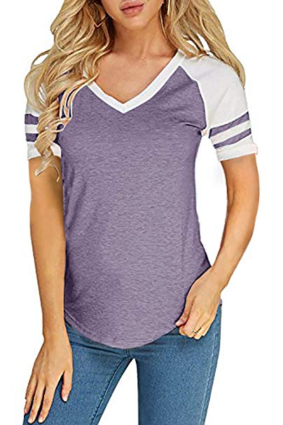 Foshow Womens Long Sleeve Raglan Baseball Tee Jersey Striped V Neck Blouses Tshirts