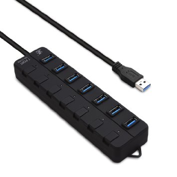 iXCC 7-Port USB 3.0 SuperSpeed Hub with Individual On / Off Port Switches and 5V / 5A Power Adapter- Black