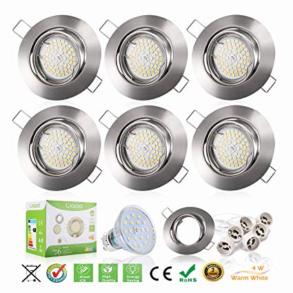 Liqoo 6x LED GU10 Spot Lights Downlights Recessed Ceiling Lights Angle orientable Lamp 4W Warm White 3000K 380 Lm 35W Incandescent Bulb Equivalent for Living Room Bedroom Kitchen Polished Chrome (LED Bulb Included)