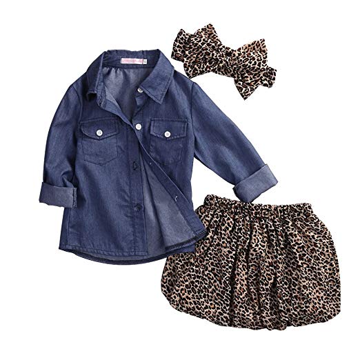 GRNSHTS Baby Girls Cowboy Skirt Set Blue Jean Shirt   Leopard Skirt   Headband