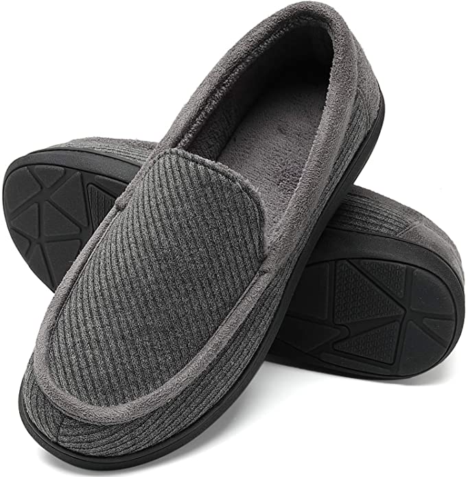 Slippers for Men, House Fleece Lining Memory Foam Moccasin Non-Slip Sole Indoor Outdoor Fuzzy Fluffy Shoes