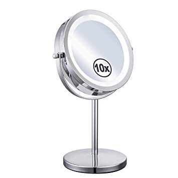 LIVINGbasics™ 7 Inch Round Double-Sided Makeup Mirror, 360° Swivel 1X/10X Magnification LED Lighted Vanity Mirror, Battery Operated