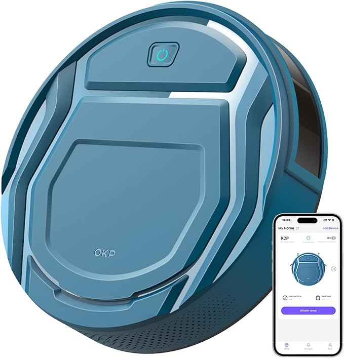 OKP Robotic Vacuum Cleaner, WiFi/App/Alexa, High-Performance Filter, Robot Vacuum Cleaner with Schedule, Self-Charging, Slim Design, Perfect for Hard Floors, Pet Hair, Carpets